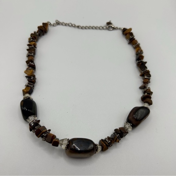 Genuine Tiger's Eye Genuine Stone Beaded Necklace with Silver Tone Spacers 17" - Picture 5 of 11